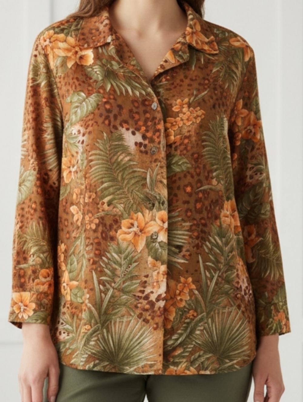 Style Studio Tropical Leopard Print Button-Up Shirt - Olive, Orange, Brown 2X